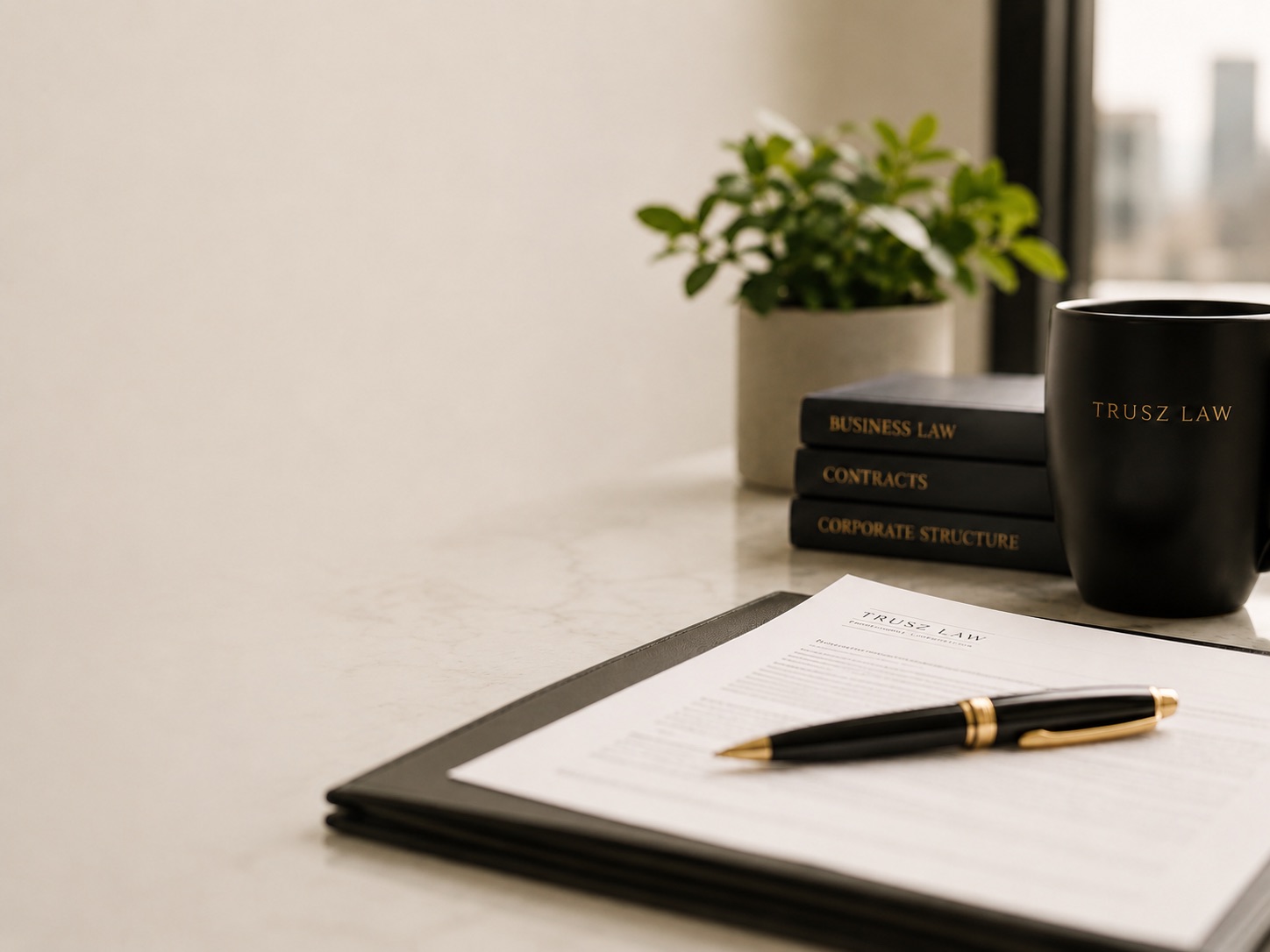 Business owners reviewing corporate legal documents with Trusz Law in Ontario.