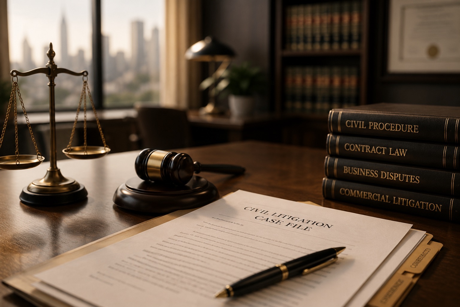 Civil litigation lawyer reviewing contracts, evidence and dispute documents for a client in Toronto.